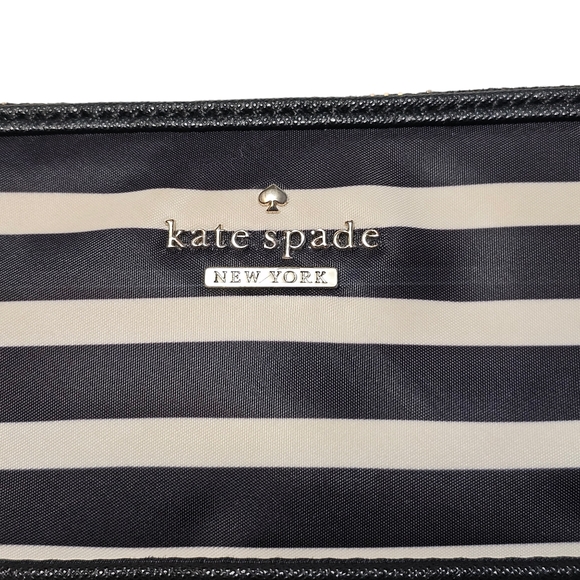 Kate Spade Black White Striped Nylon Leather Trim Crossbody Purse - Picture 7 of 16
